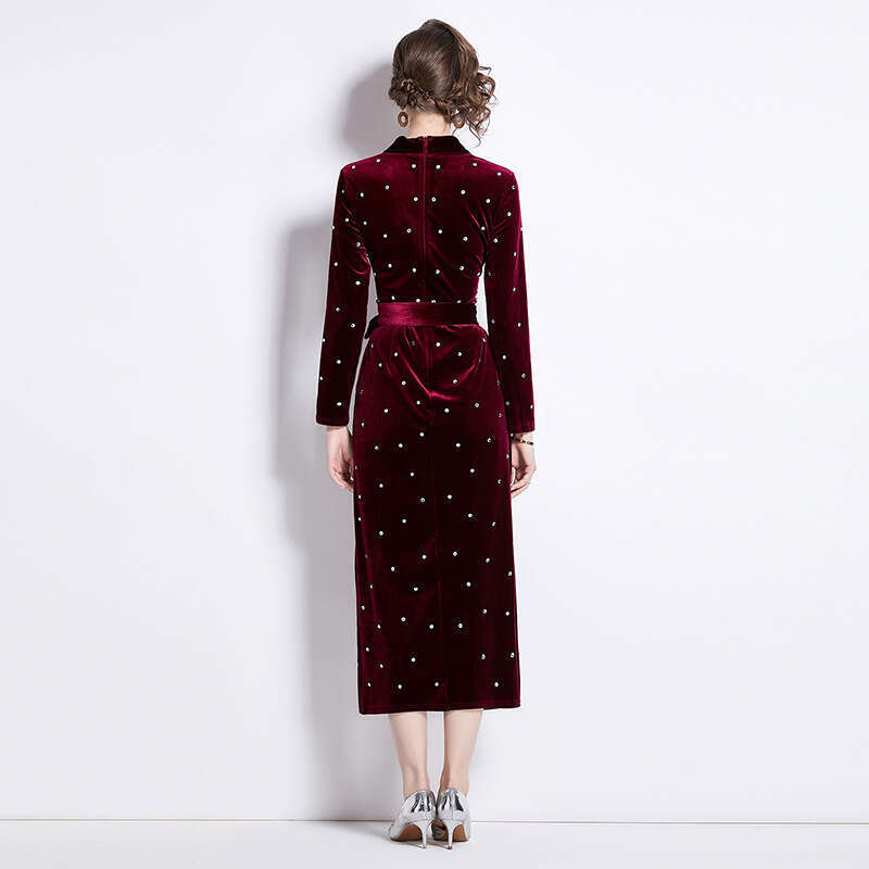 Elegant Temperament Light Hot Dia Veet Dresses Early Spring French Retro Style V-Neck Long Sleeve Dress