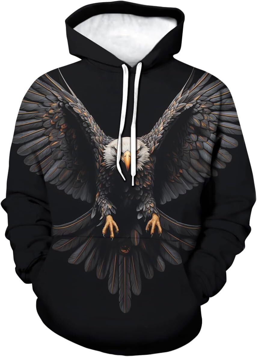 Hoodie for Mens Womens Unisex Funny Bald Eagle Flag Hoodie For Men 3D Printed Vintage Pattern Long Sleeve Pullover Hoodies Clothing Graphic Fashion