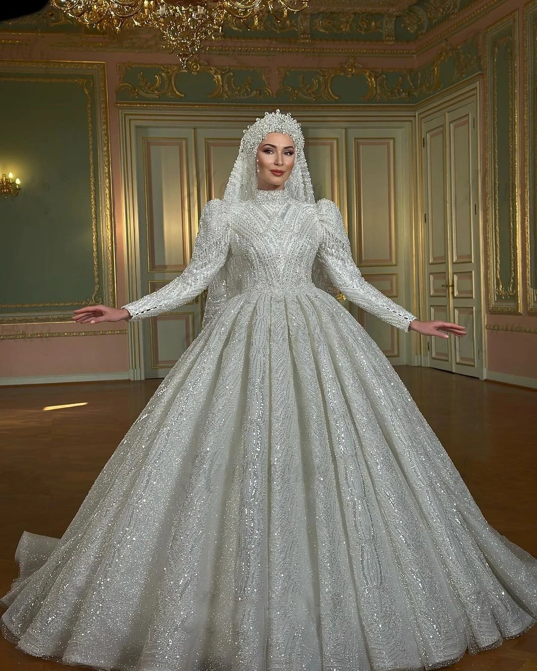 Muslim Wedding Dresses Pearls Sequins A-Line Bride Gown High Neck Beading Bridal Dress with Cape Sleeves Custom Made Sweep Train Vestidos De Novia