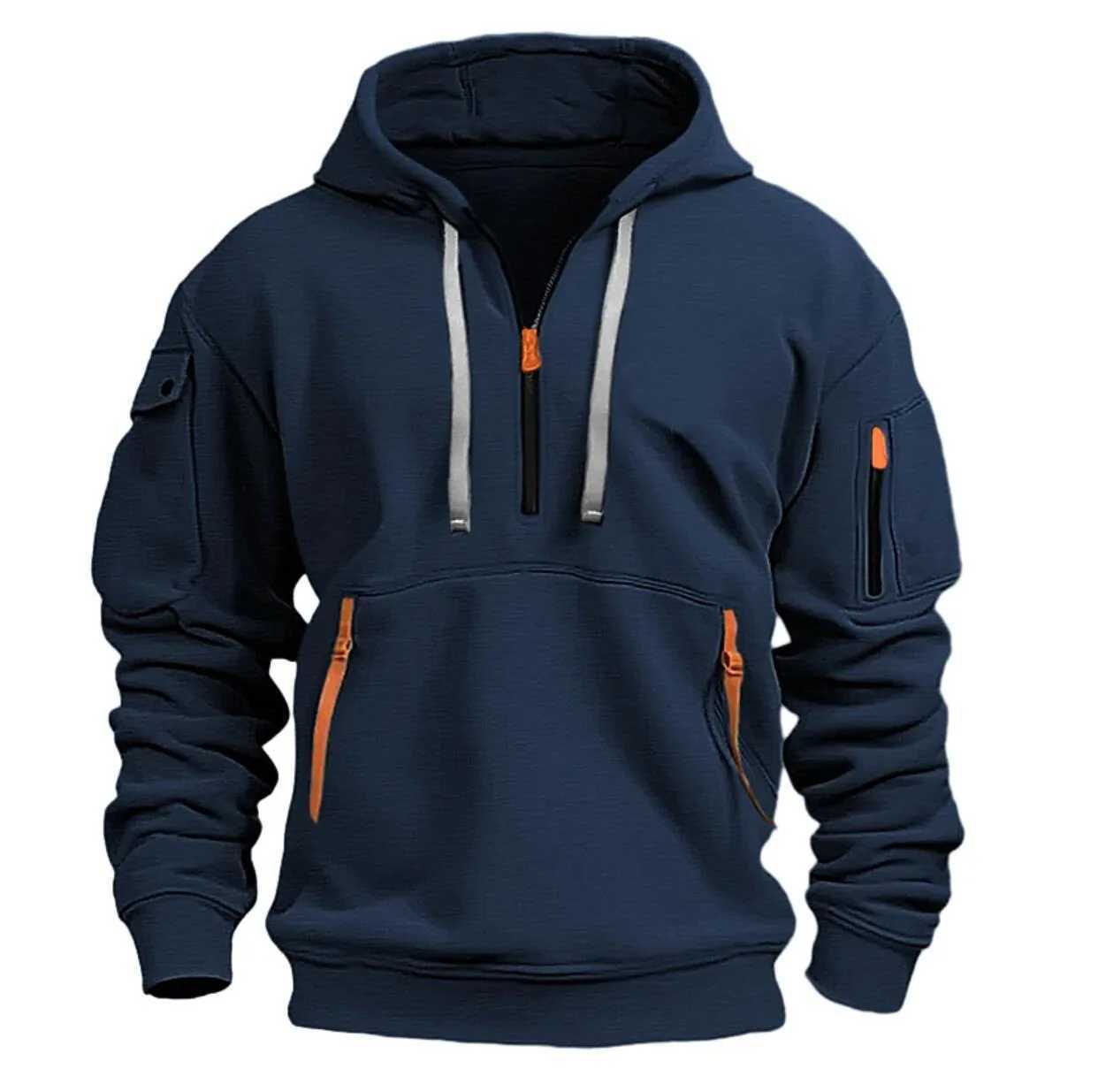 Fashionable mens zipper multi pocket hoodie casual sports sweater Y241016