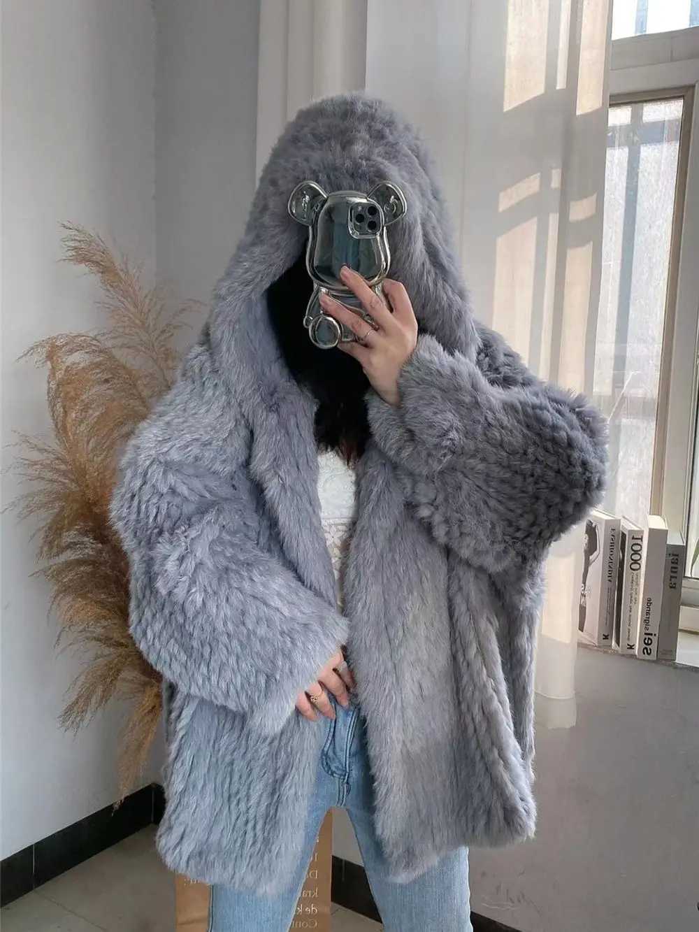 Real rabbit fur coat womens long knitted jacket real fur fashion coat 70cm long autumn and winter W241010