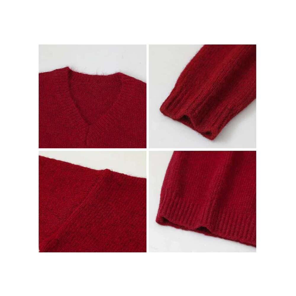 CHIC VEN Women Sweaters Loose Pullovers New V-Neck Knitwear Red Knitted Jumpers Female Top Fashion Woman Autumn Winter 2023