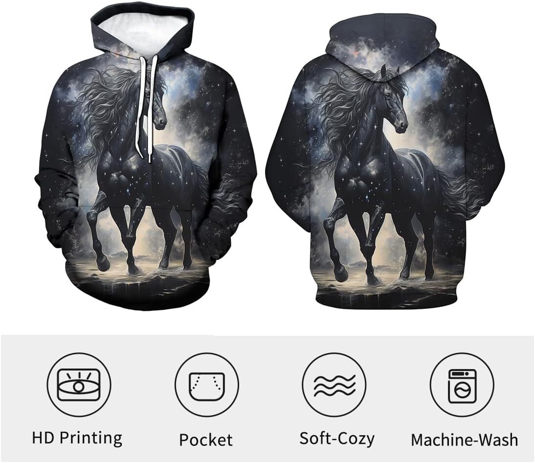 Hoodie for Mens Womens Unisex Trippy Hoodies Novelty Starry Sky Horse Hoodie Drawstring Long Sleeve Sweatshirt Hooded Graphic Hoodies sweatshirt