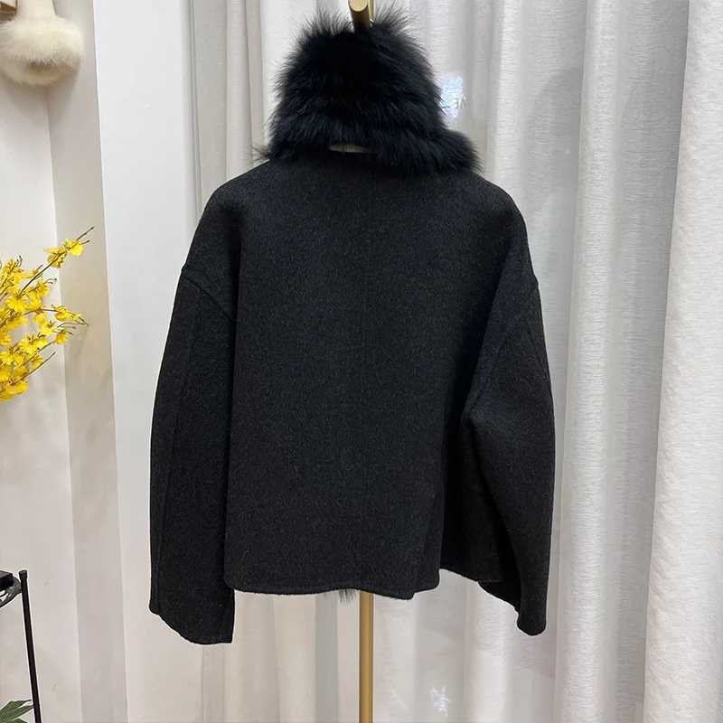 2024 New Winter Women Natural Fox Fur Collar Jacket Cashmere Wool Woolen Coat Real Fur Ladies Outerwear Female CoatX241016