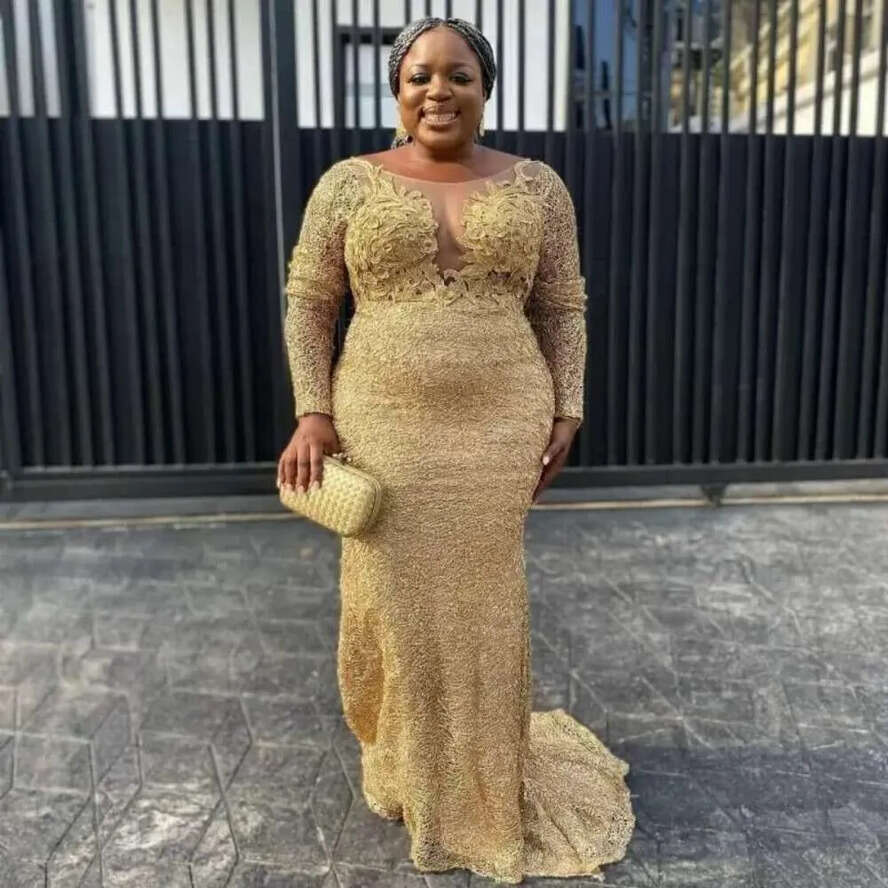 Mermaid Gold Lace Prom Dresses Plus Size African Women Long Sleeves Soop Neck Formal Dress Evening Elegant With Appliques