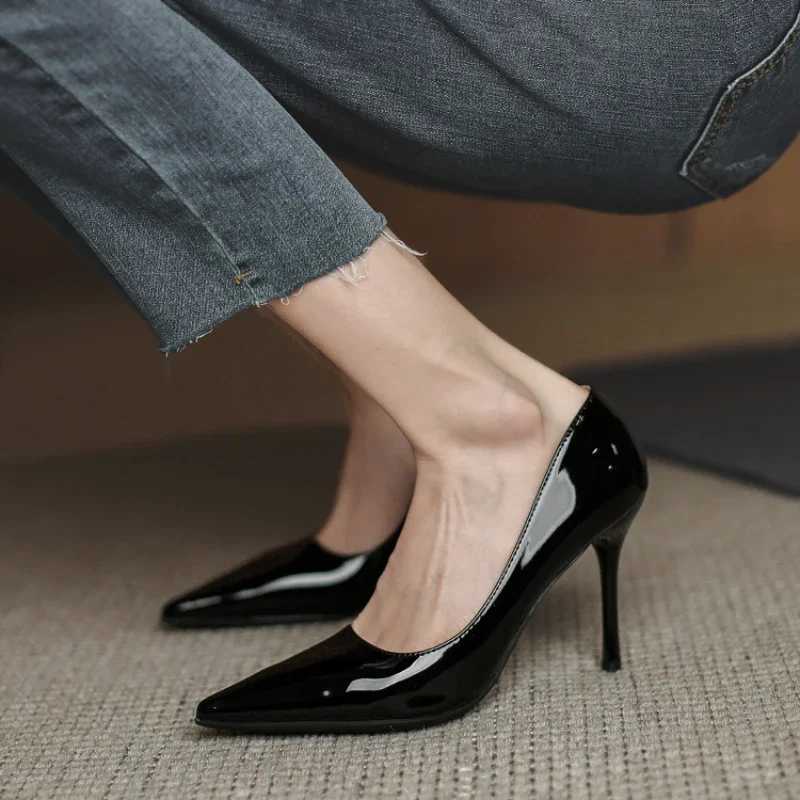 Autumn New Nude Lacquer Leather High Heels with Thin Heels Versatile Pointed Shallow Mouth Single ShoesC250319