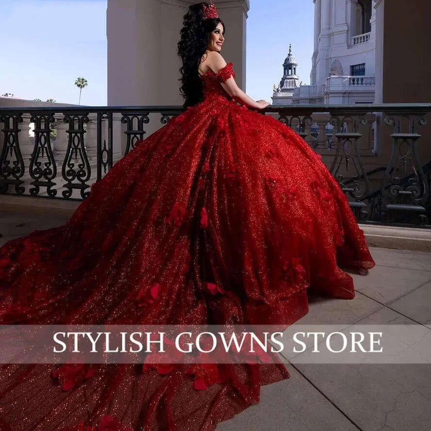 The Off Mexico Red Shoulder Ball Gown Quinceanera Dresses Girls Beaded Birthday Prom Wers Sweet 16 Vestido De 15 Anos Robe 0627