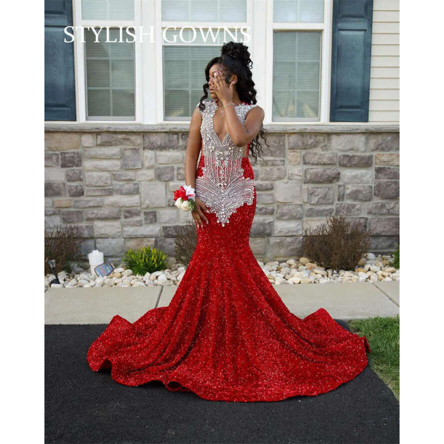 Sheer Neck Red O Long Prom Dress For Black Girls Beaded Crystal Rhie Birthday Party Gowns Sequined Evening Dresses Robe De 0627 es