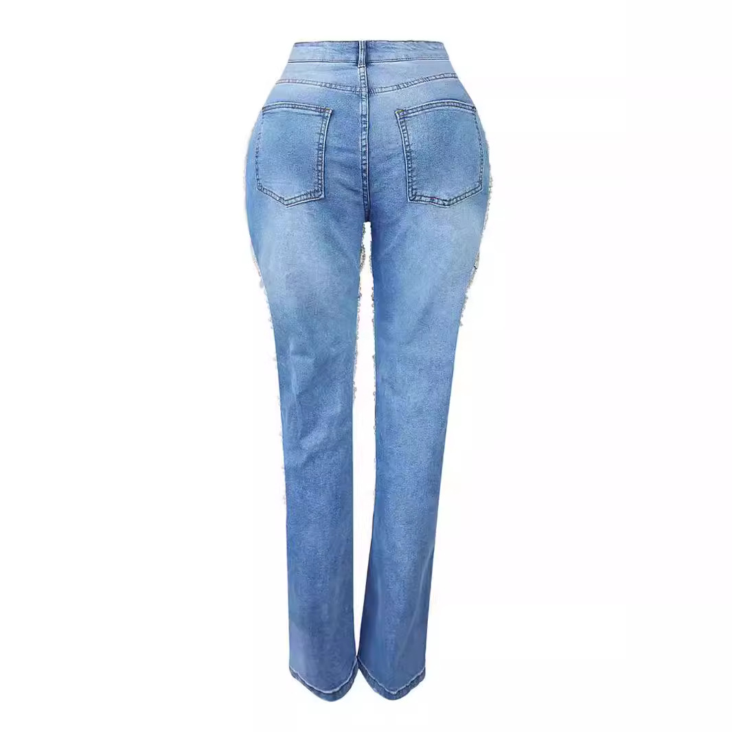 Beachapche Fashion Big Hole Rhinestone Chain Pearls Street Jeans Female Washing Denim Trousers Women Vintage Pocket Straig