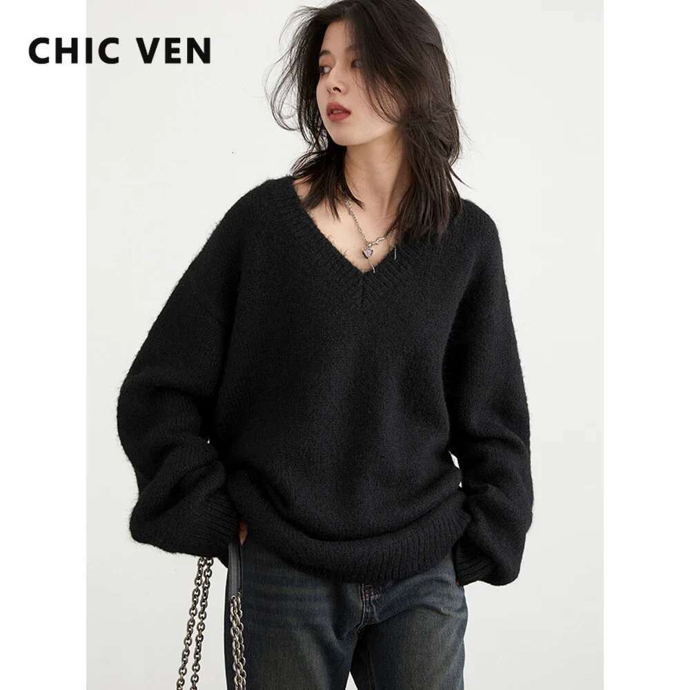 CHIC VEN Women Sweaters Loose Pullovers New V-Neck Knitwear Red Knitted Jumpers Female Top Fashion Woman Autumn Winter 2023