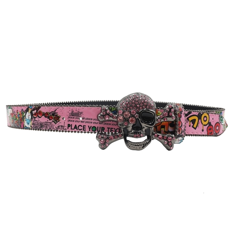 Big Skull Punk Black Rhinestone Belt Ladies Belt Diamond Soldier Belt Western Cowboy Y2K Fashion Belt Hip Hop Graffiti 241016