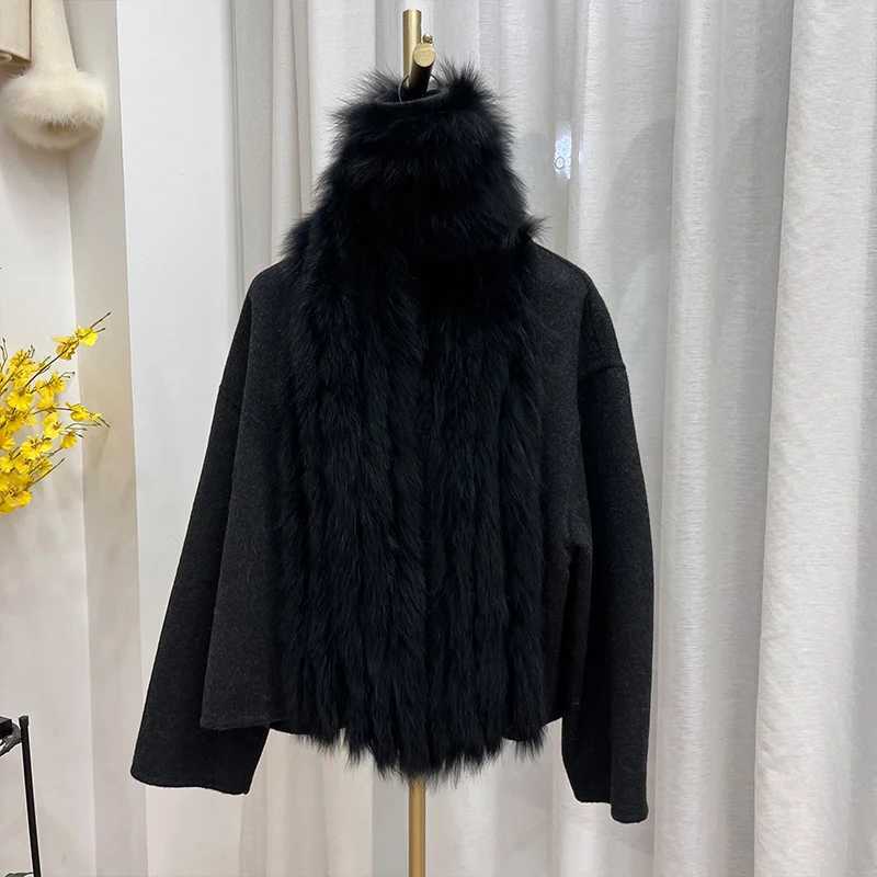 2024 New Winter Women Natural Fox Fur Collar Jacket Cashmere Wool Woolen Coat Real Fur Ladies Outerwear Female CoatX241016