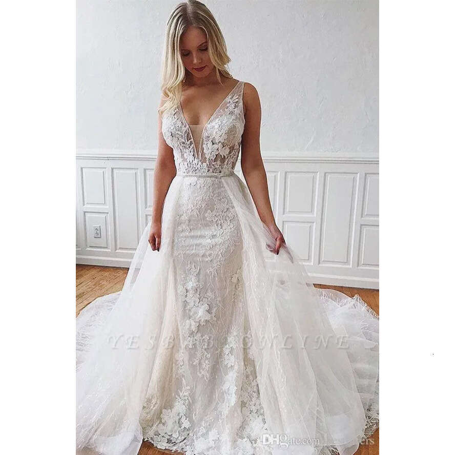 Dresses Mermaid With Elegant Removable Train Lace V Neck Sexy Backless Bridal Wedding Gowns Plus Size Bc