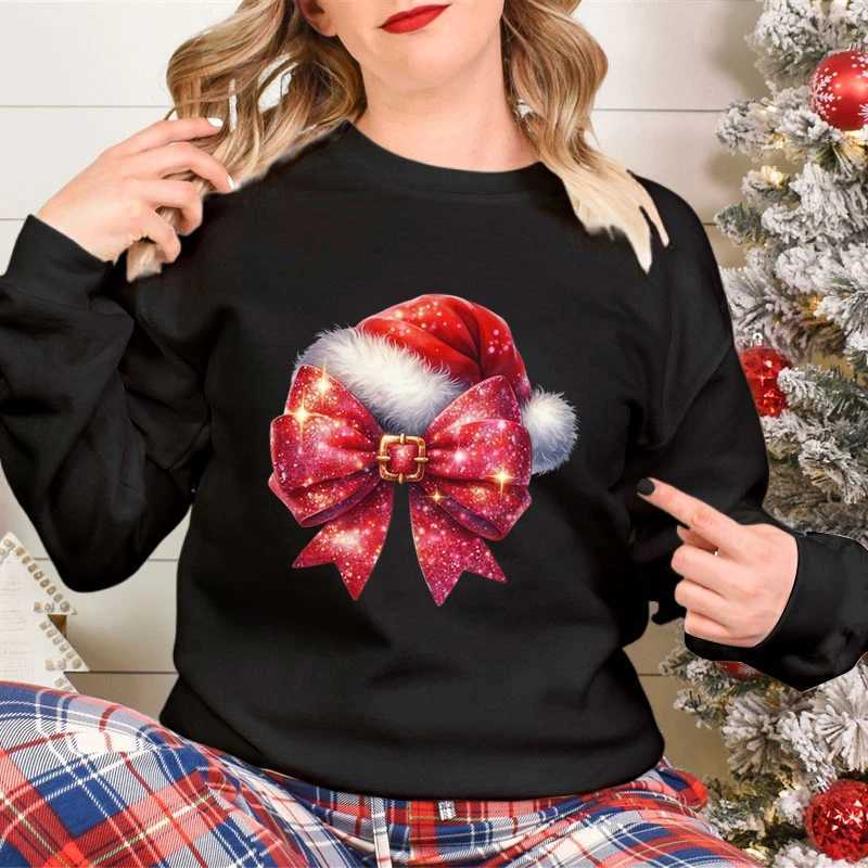 Fashionable womens Christmas sweater fashionable Christmas bow design cartoon sweater Christmas hat Christmas season classic hoodie Y241016
