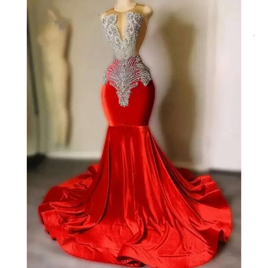 Mermaid Prom Sparkly Red Sequins Beadings Sheer Neck Evening Gowns Black Girls Graduation Party Dress Robe De Bal Bc