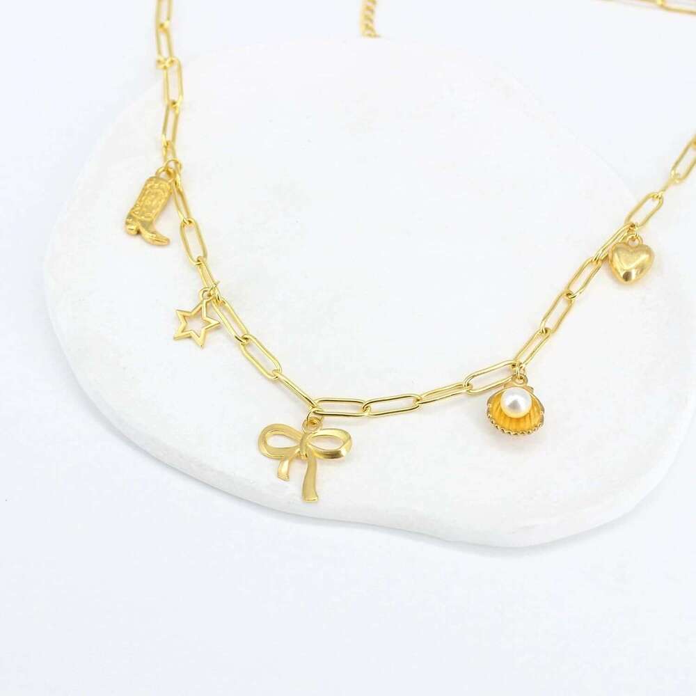 Bohemian style cherry necklace strawberry heart-shaped star pendant mermaid bow dolphin shell tassel paperclip