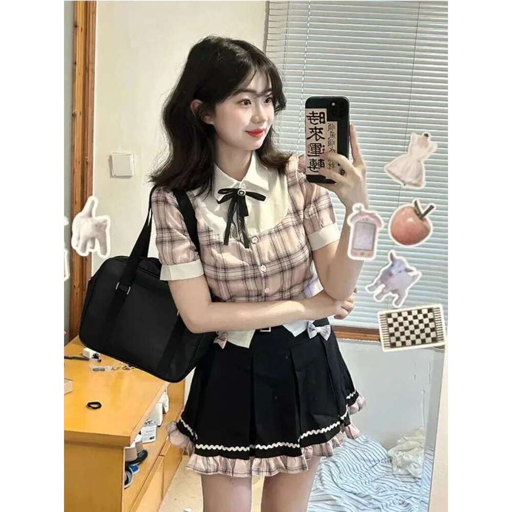 Sweet College Plaid Patchwork Shirt Pleated Skirt Two-Piece Set Women Korean Fashion Bow Retro Tie Cute Temperament Autumn Suit