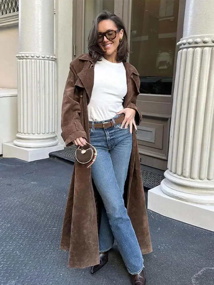 2024 Autumn Winter Elegant Suede Leather Belt Long Trench Brown Coat Fashion Warm Double Button Jacket High Quality Streetwear 241016
