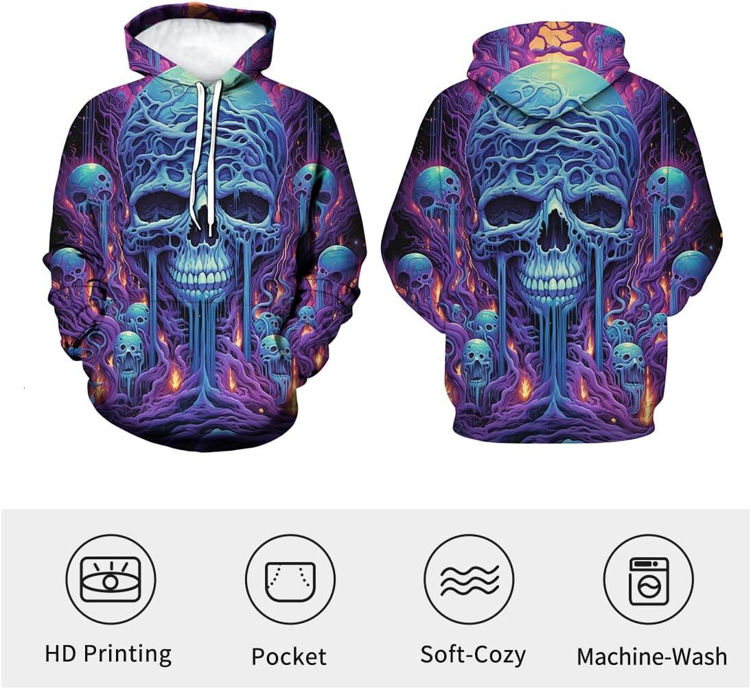 Hoodie for Mens Womens Unisex Psychedelic Skull Hoodie 3D Art Pattern Fantasy Cartoon cool Pullover Hoodies Graphic Hoodies sweatshirt Pullover Long S