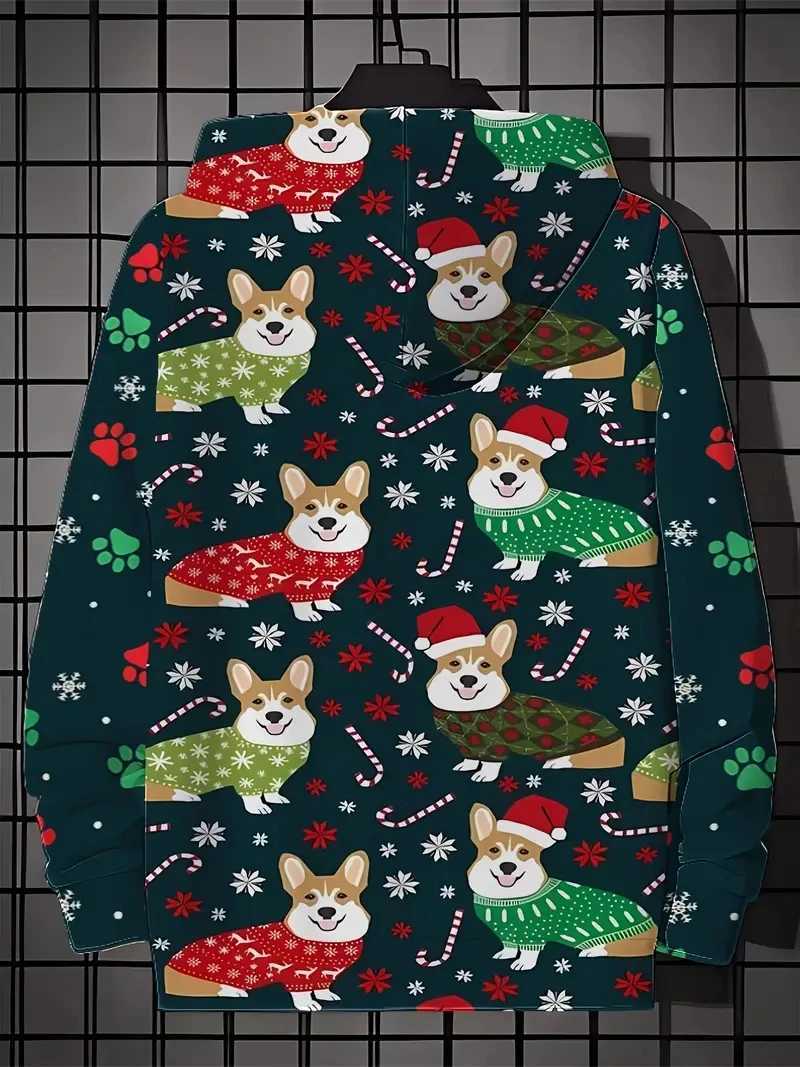 2025 Mens Christmas Dog Hoodie 3D Printed Long Sleeve Sewatshirts Mens Casual Hoodie Flip Large Mens Wear Y241016