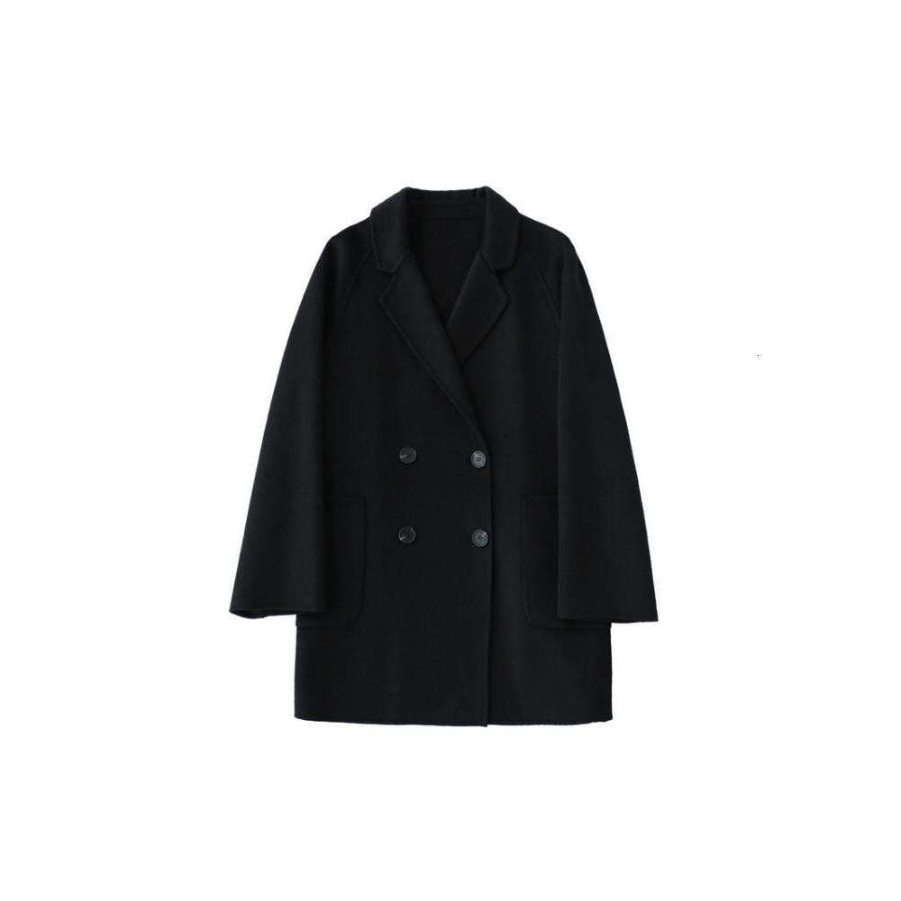 2022 Autumn Korean Style Double Breasted Simple Black 100% Wool Coat Women Long Loose Suit Woolen Overcoat Jacket