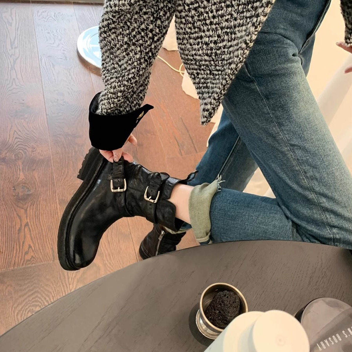 Women's 2024 Spring and Autumn New Style Buckle Thick Bottom Looks Thin British Martin Boots