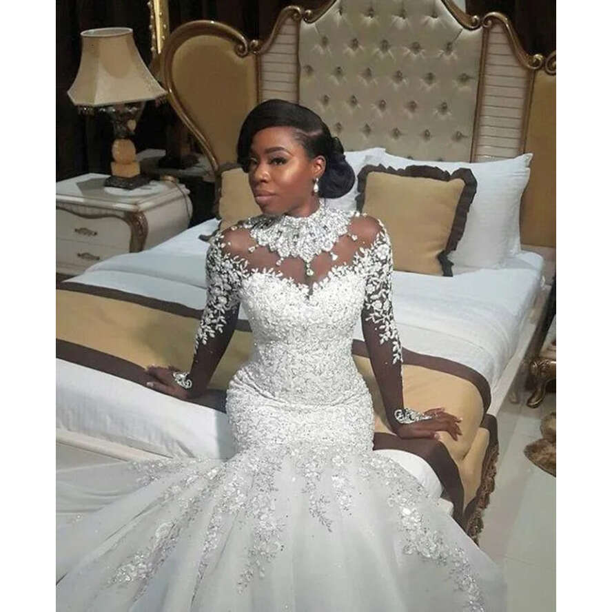 Plus African Size South Mermaid Dresses Long Sleeve High Neck Beaded Lace Bridal Wedding Gowns Vestido De Novia Bc