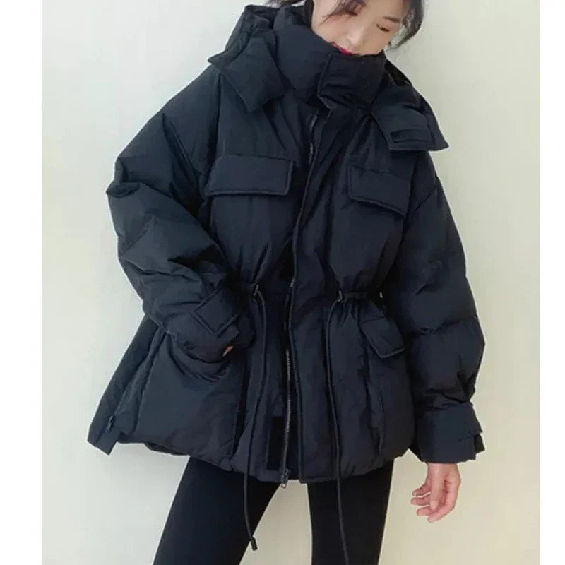 Winter Hooded Parkas Warm Jacket Womens Down Cotton Coat Irregular Fluffy Bubble Drawstring Waist Loose Coat Cotton Coat 241010