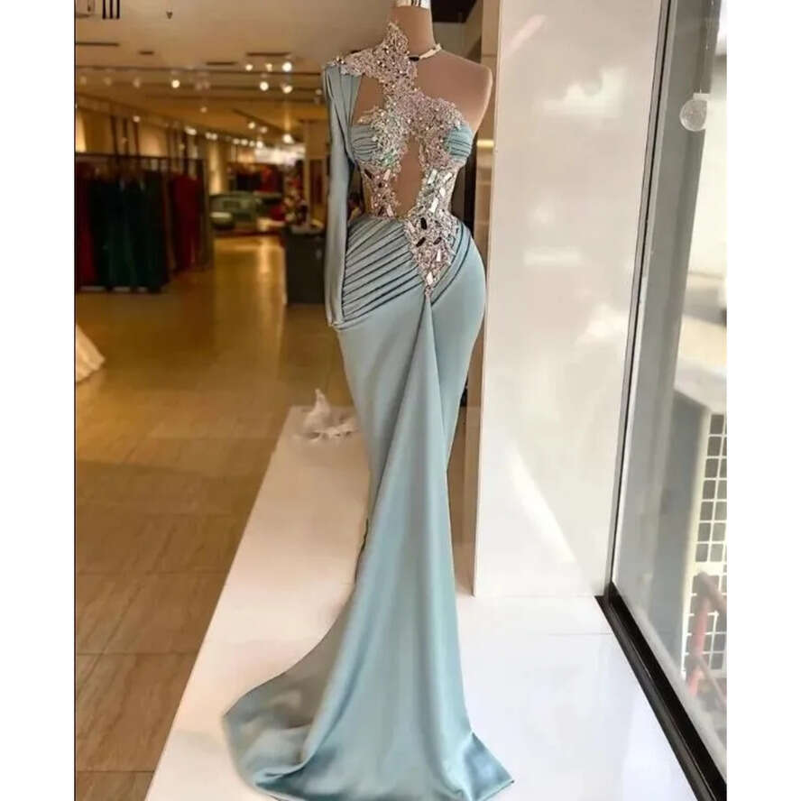 Long Unique One Shoulder Sleeve Evening Dresses For Women Lace Appliqued Rhies Pleated Mermaid Prom Gowns Hollow Out Sexy Formal Robe De Soiree 0604 m