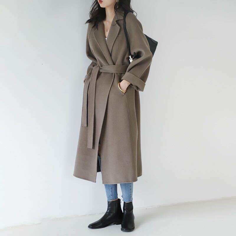Plus Size Double Sided Woolen Overcoat Women 2021 Winter Fashion High End Long Loose Lacing Belt Black 100% Wool Coat