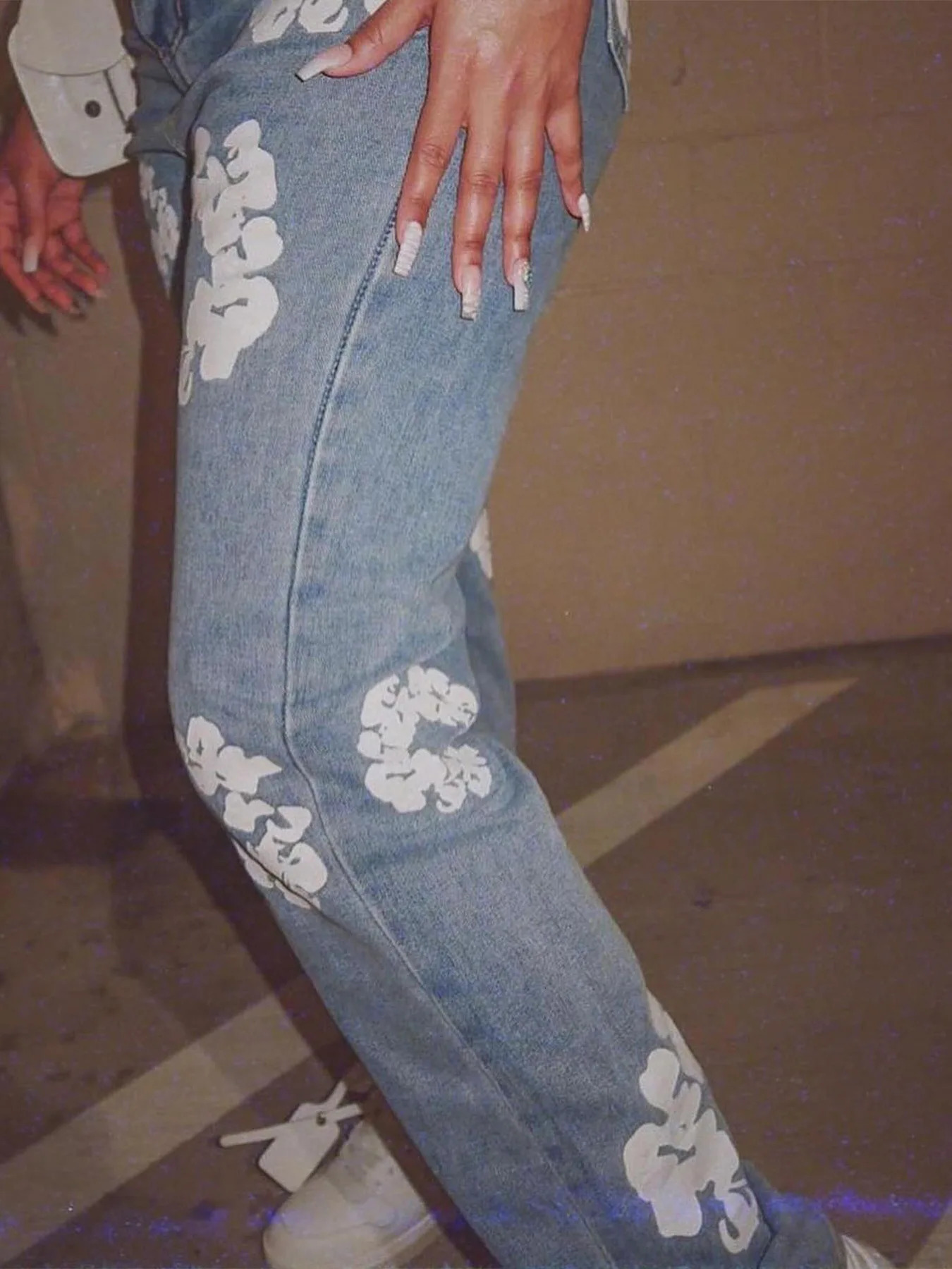 Women Jeans Denim Pants Fall Winter Casual Aesthetic Flower Print Baggy Trousers High Waist Fashion Jean 241016