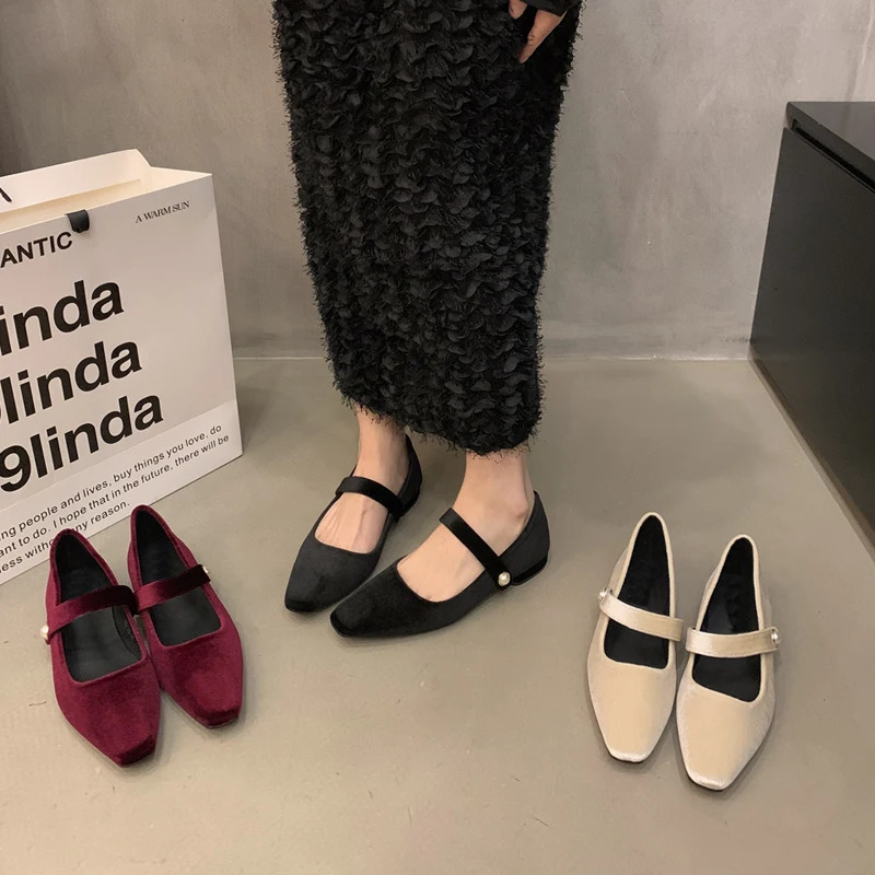 Elegant Pearl New Buckle Velour Mary Jane Shoes Woman Concise Veet Ballet Flats Ladies Evening Party Low Heel Pumps In Wine-Red 240927