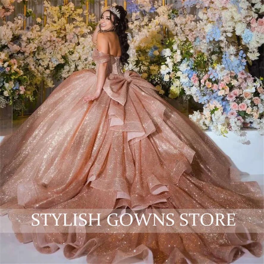 Rose Off Mexico Gold The Shoulder Quinceanera Dress Sparkly Bow Princess Ball Gown For Sweet 16 Birthday Graduation Dresses 0627 es