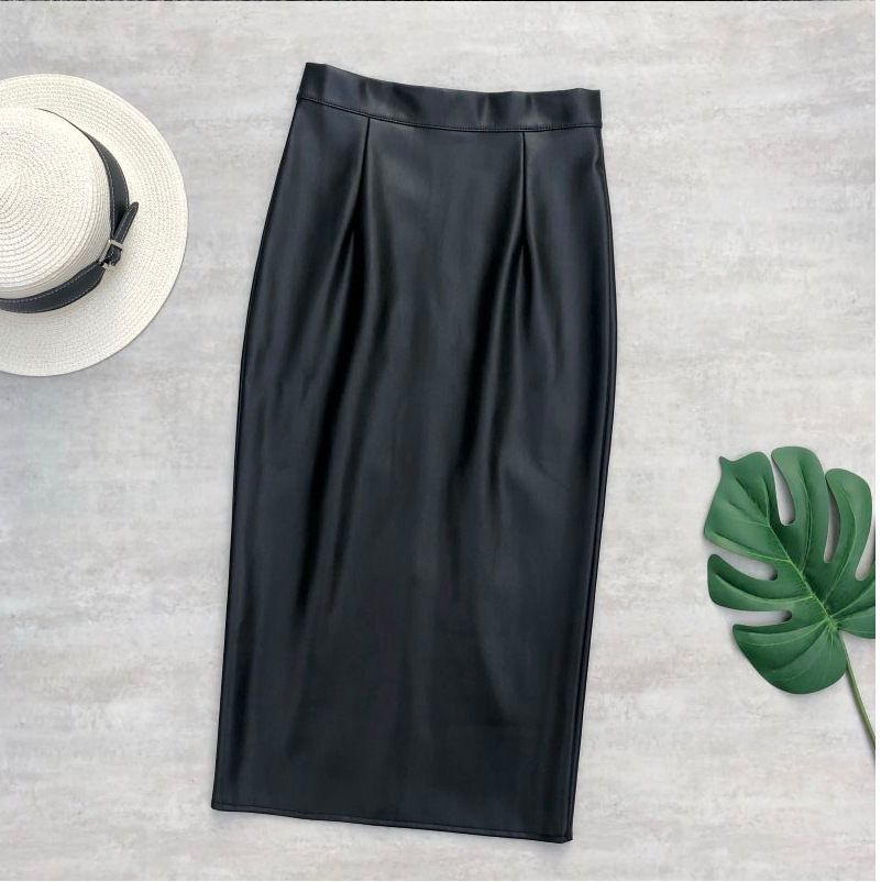 Elegant Faux Leather Woman Skirts Front Zipper Midi Skirt Sexy High Waist Split PU Leather Skirts Pocket Wrap Hip Bodycon Skirt 210306