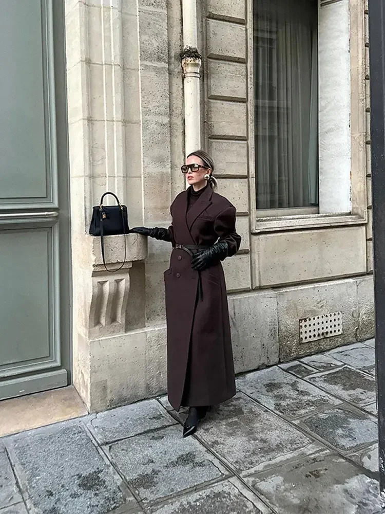 Elegant double-layer lapel wool coat for womens fashion long sleeved casual pocket coat womens warm street coat 241007