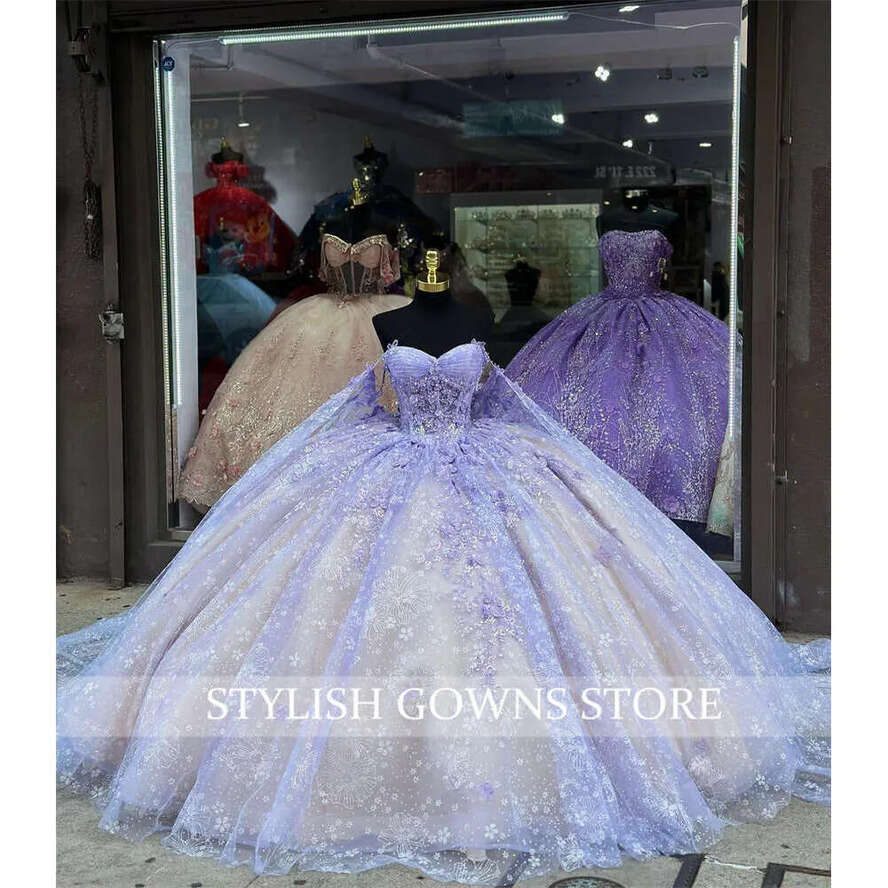 Quinceanera Mexico Purple Sweetheart Dress Beaded Princess Ball Gown For Sweet 16 Applique Birthday Party Prom Dresses With Cape 0627 es