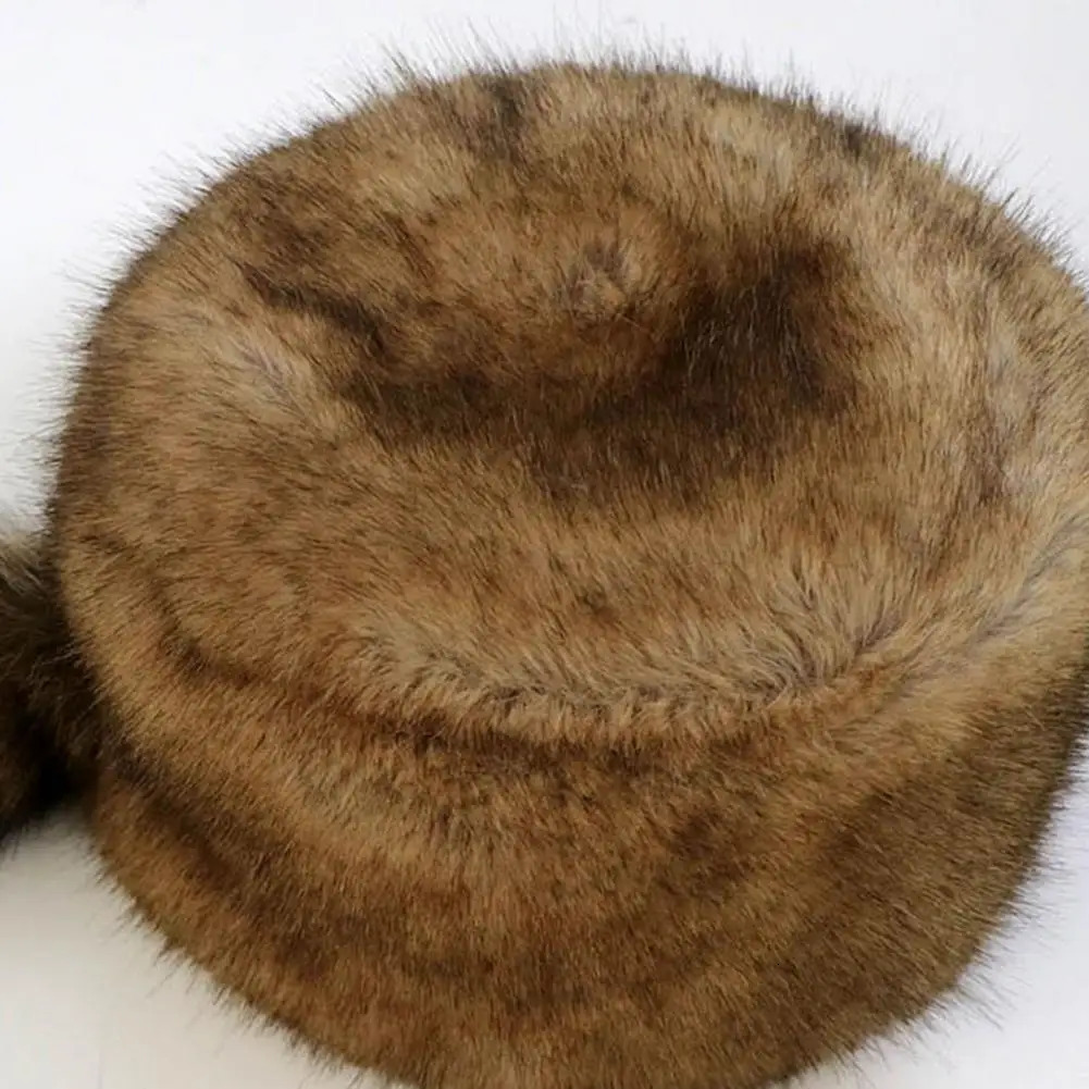 Ladies Winter Hat Soft Thick Faux Fur Decor Heat Retention Cossack Windproof Anti-slip Elastic Flat Top No Brim Washable Cap 241009