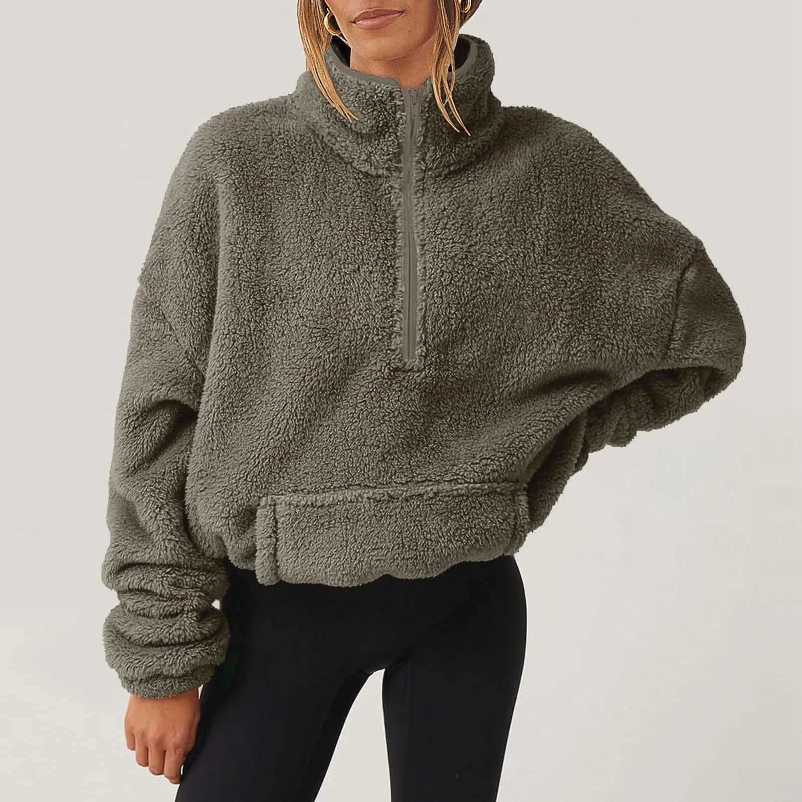 Fuzzy Quarter Zip Sweatshirt For Women Trendy Casual Solid Color Pullover Fleece Sweatshirts Long Sleeve Winter Warm SweaterX241016