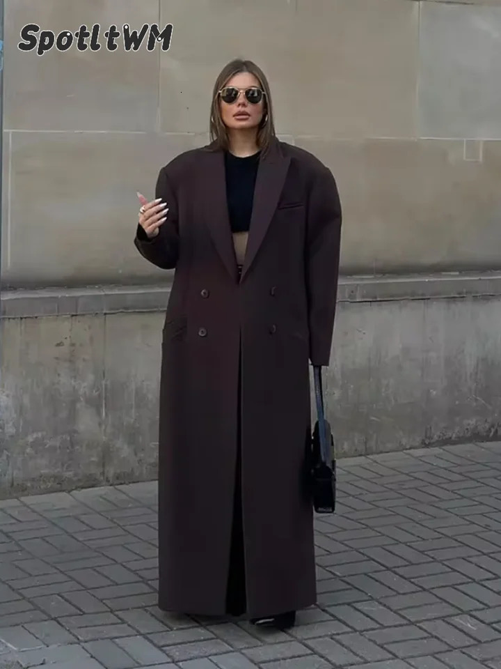 Elegant double-layer lapel wool coat for womens fashion long sleeved casual pocket coat womens warm street coat 241007