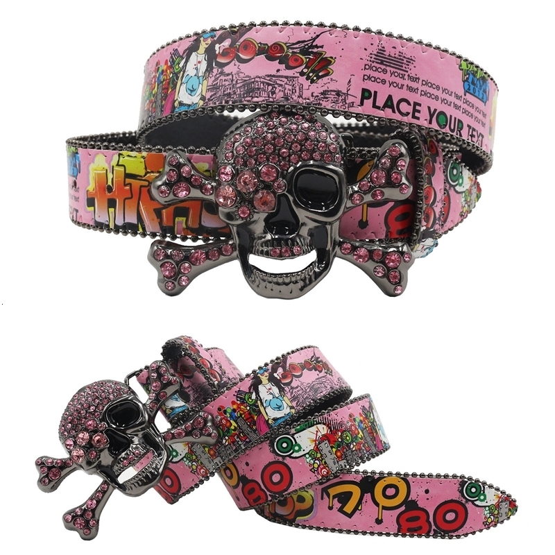 Big Skull Punk Black Rhinestone Belt Ladies Belt Diamond Soldier Belt Western Cowboy Y2K Fashion Belt Hip Hop Graffiti 241016