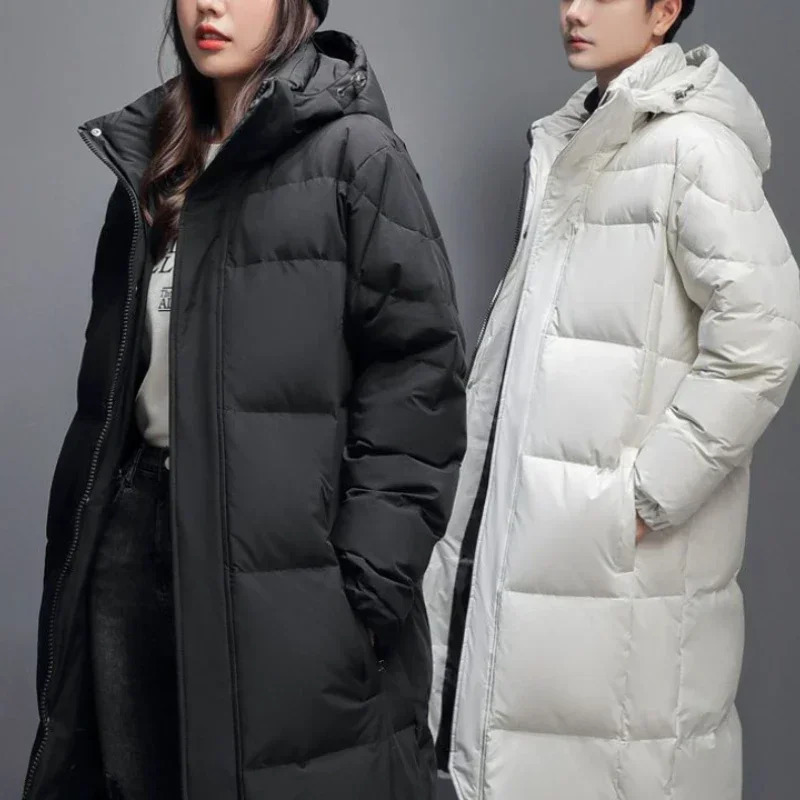 Gmiixder Unisex Warm Down Jacket Mens Thick Hooded Solid Zipper Parkas Womens Over-the-Knee Extra Long Winter Padded Jacket 241015