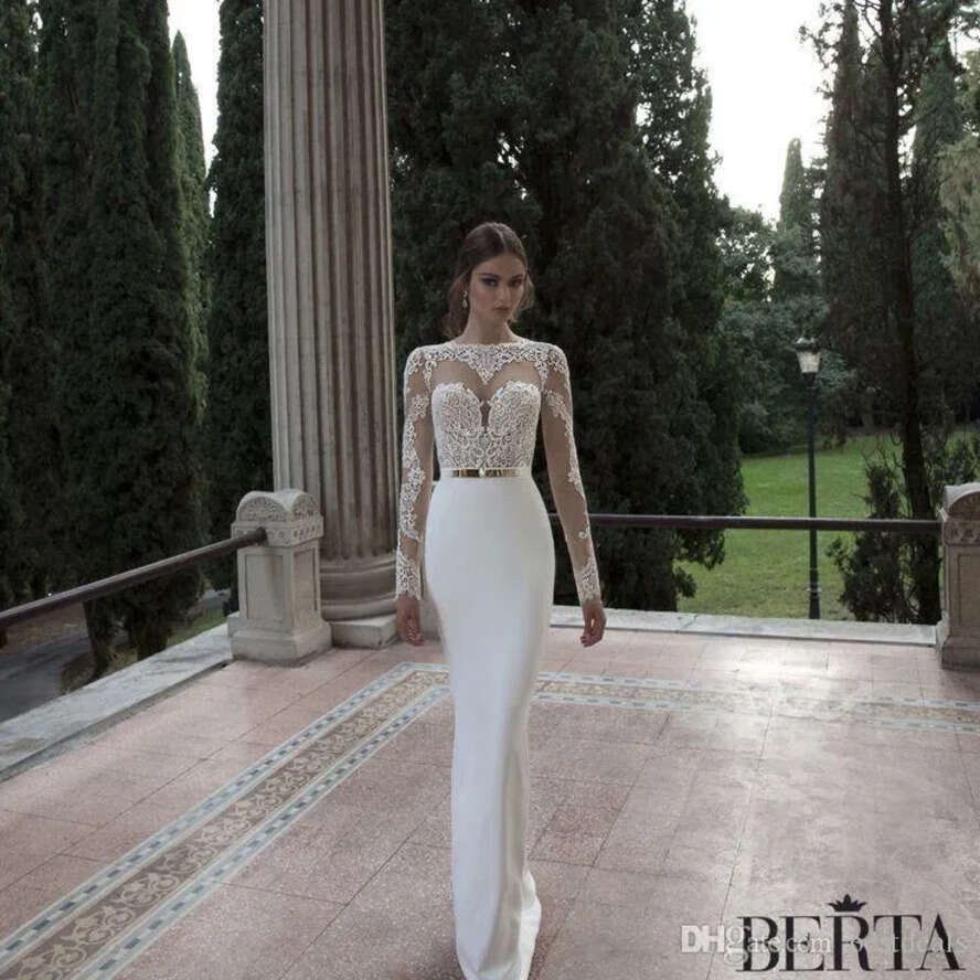 Vestido Noiva Berta De Mermaid Wedding Dresses Cheap Spring Summer High Neck Long Sleeve Sheer Lace Backless Bridal Gowns