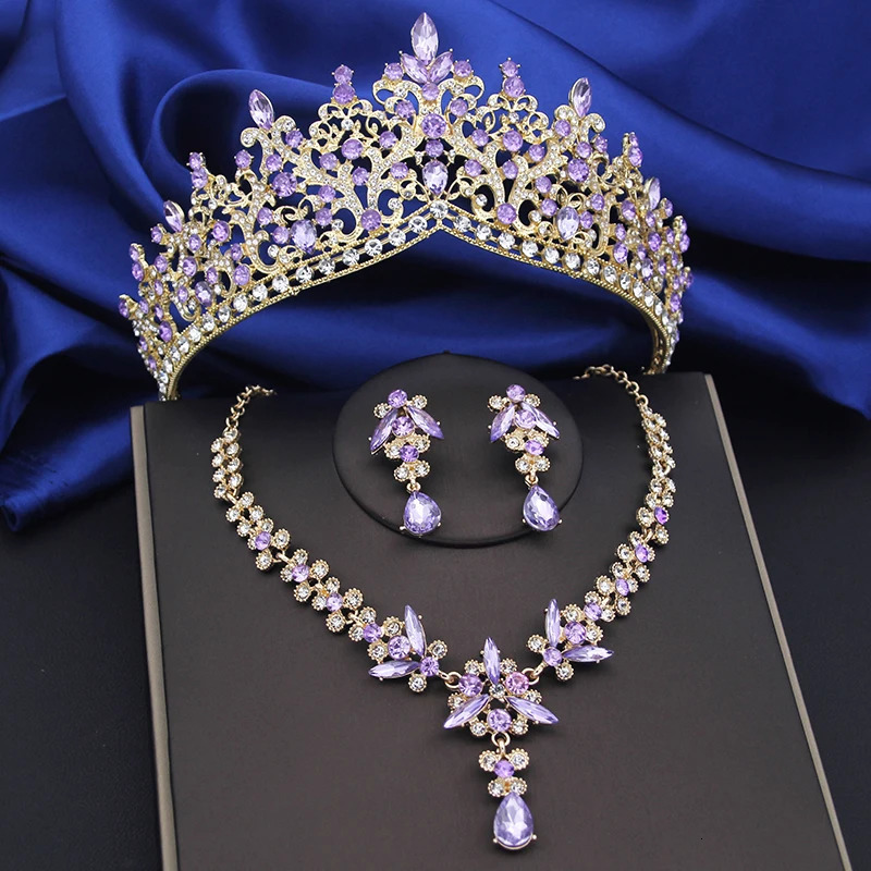 Purple Crystal Bridal Jewelry Sets Women Tiaras Bride Necklace Earrings for Wedding Crown Jewelry Set Prom 241016