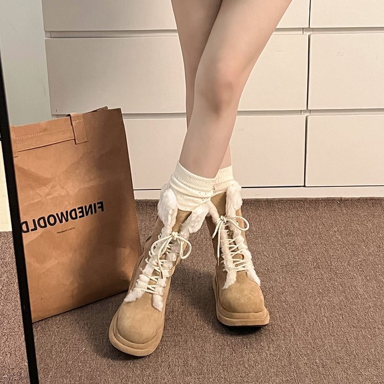 ddmytiger 2024 Winter New Velvet Knight Warm Mid Leg Martin Strap Hairy Snow Boots for Women ddmythur