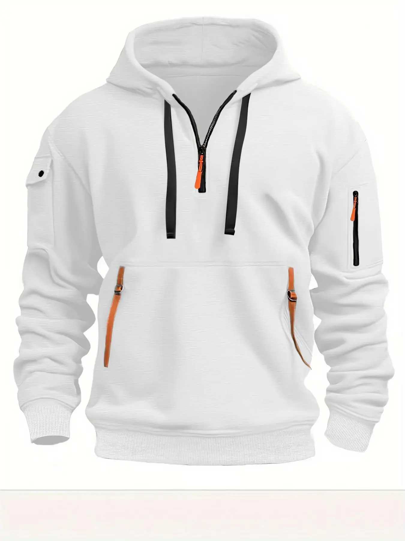 Fashionable mens zipper multi pocket hoodie casual sports sweater Y241016