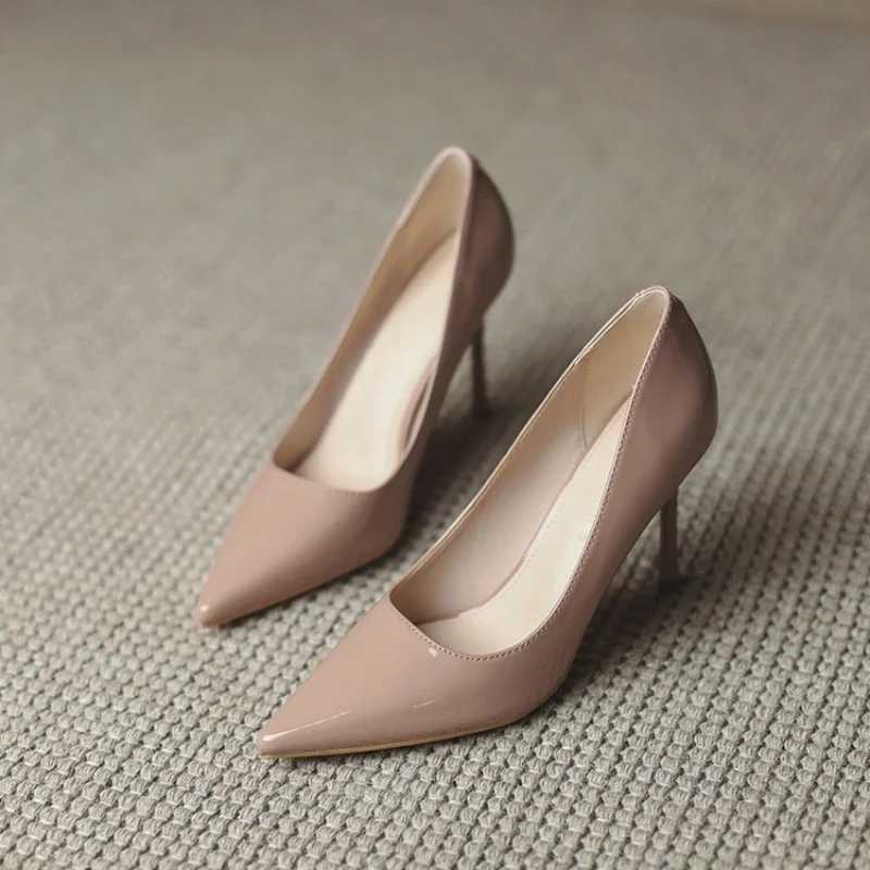 Autumn New Nude Lacquer Leather High Heels with Thin Heels Versatile Pointed Shallow Mouth Single ShoesC250319