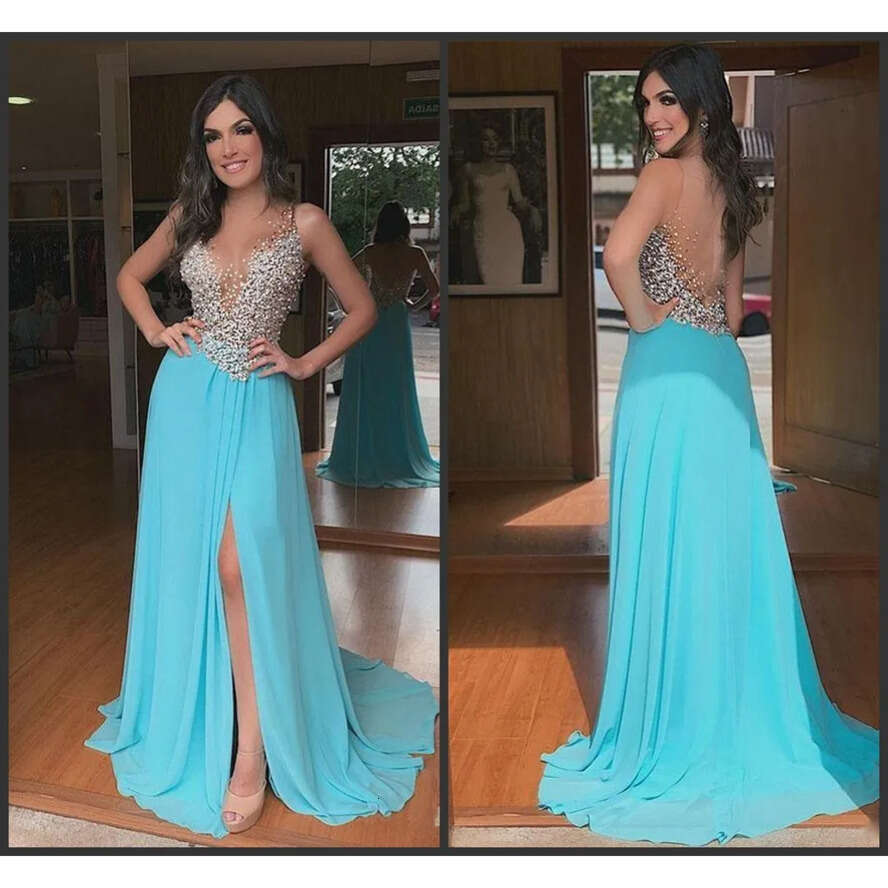 Sexy High Split Chiffon Prom Jewel Neck Beading Sequined Plus Size Party Gowns Sweep Train Abendkleider Evening Drs Robe De Marie