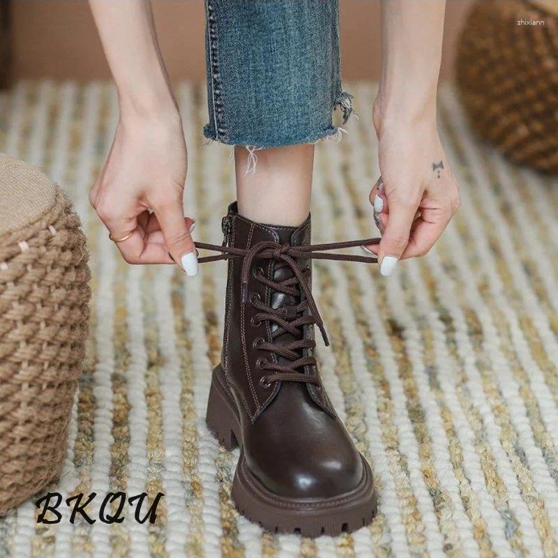 Boots BKQU Basic Ankle Women British Wind 2024 Brown Thick Soled Explosive Autumn Short Ins Single Shoes Zip
