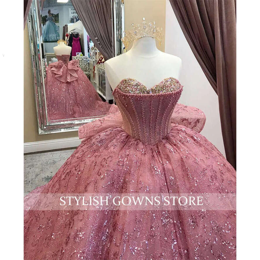 Beaded Quinceanera Pink Sparkly Dresses Ball Gown Sweetheart Rose Gold Sequins Sweet 16 Dress Lace-Up Prom Robe De Bal 0627 Dr0320
