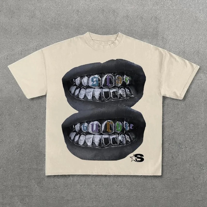 Loose Lip Print Graphic 100% Cotton T-Shirt Men Y2K Summer Short Sleeves Vintage Oversize Tshirt Streetwear Women Tops 241015